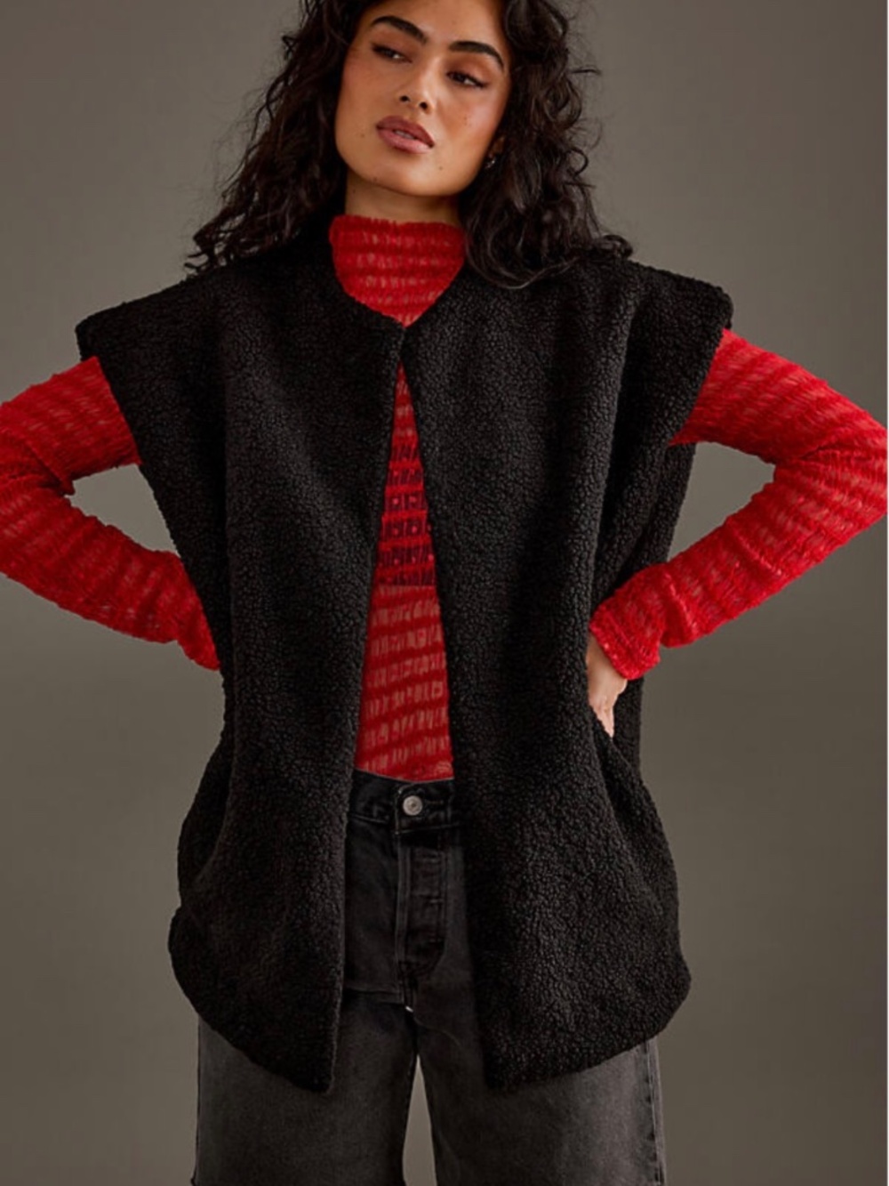 Anthropologie Self Contrast┆OS┆Oversized Sherpa Vest┆Black┆287 - Picture 2 of 6